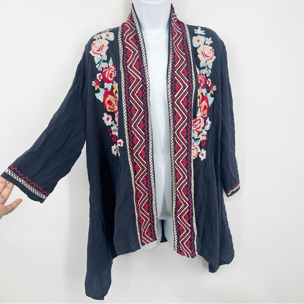Andree By Unit Blue Embroidered Floral Boho Open Front Cardigan Size Large Fairy